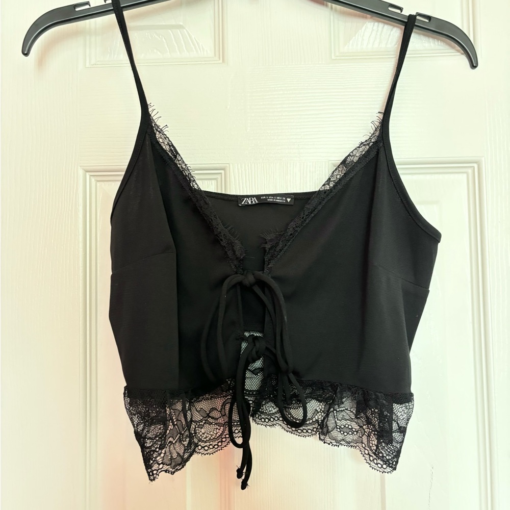 Zara black lace tie front going out crop top S